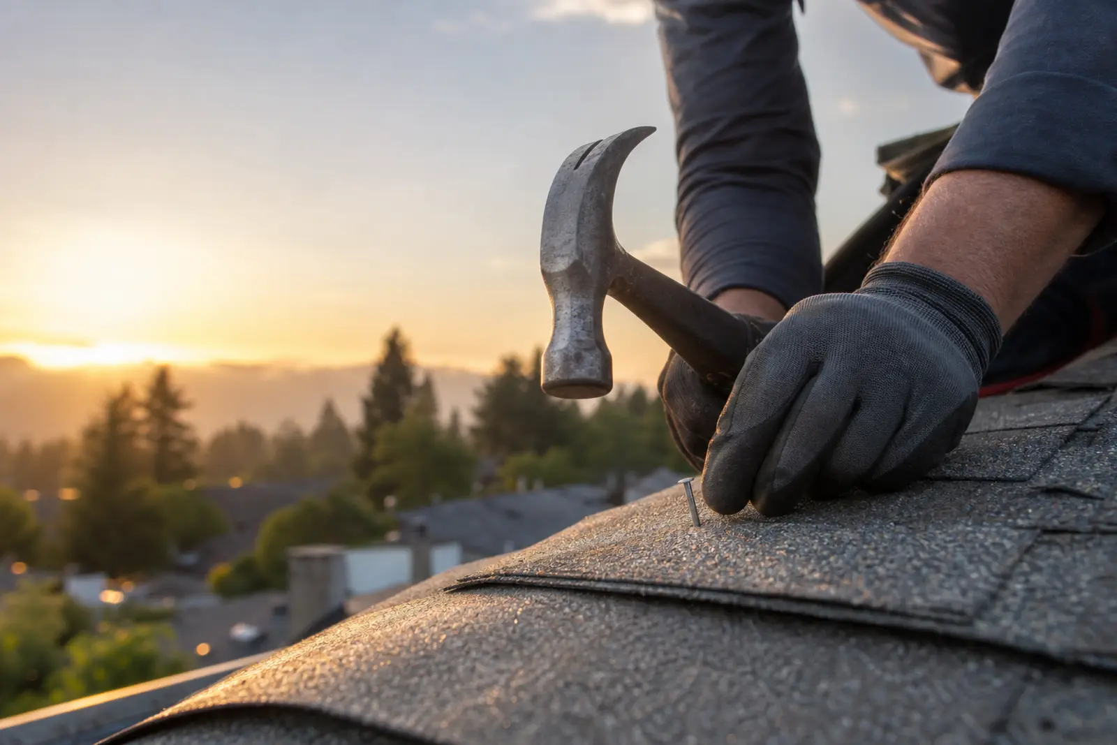 Roofing crew installing shingles on a steep residential roof